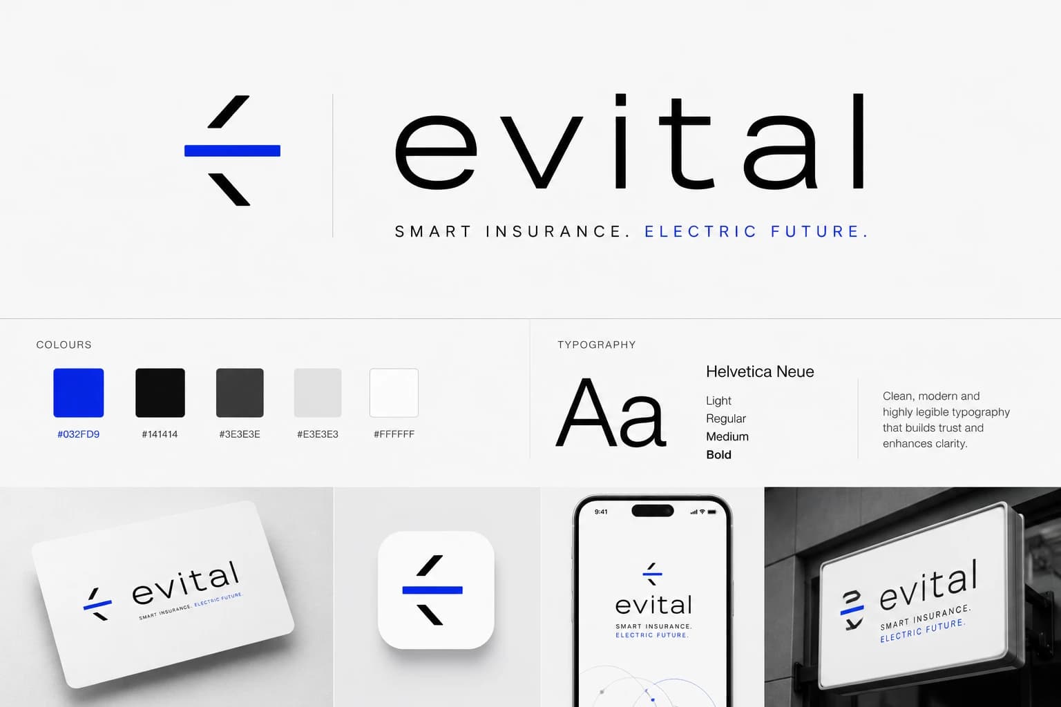 EVITAL brand board with electric-blue symbol, wordmark, typography and applications
